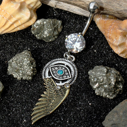 Gemmed Steampunk All Seeing Eye Navel Ring with Mechanical Wing Dangle Navel Ring Impulse Piercings