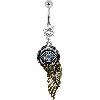 Gemmed Steampunk All Seeing Eye Navel Ring with Mechanical Wing Dangle Navel Ring Impulse Piercings