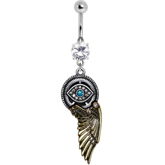 Gemmed Steampunk All Seeing Eye Navel Ring with Mechanical Wing Dangle Navel Ring Impulse Piercings