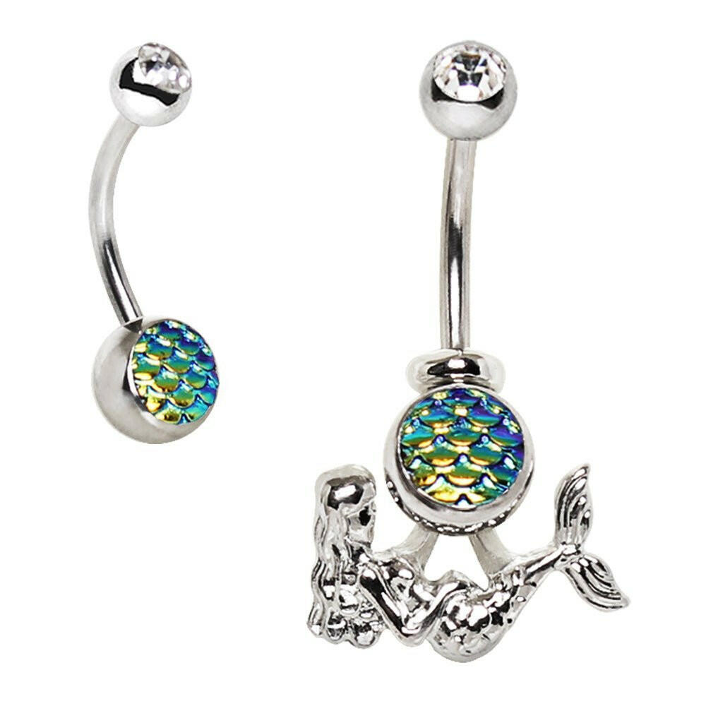 Stainless Steel 2-in-1 Fish Scale Cabochon Mermaid Navel Ring Navel Ring Impulse Piercings