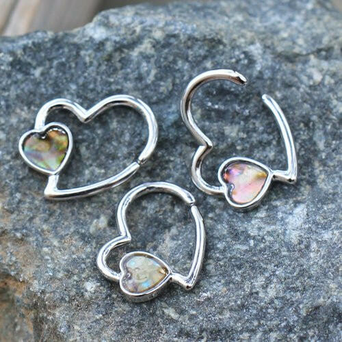 Stainless Steel Abalone Shell Heart Annealed Cartilage Earring Captive Bead Impulse Piercings