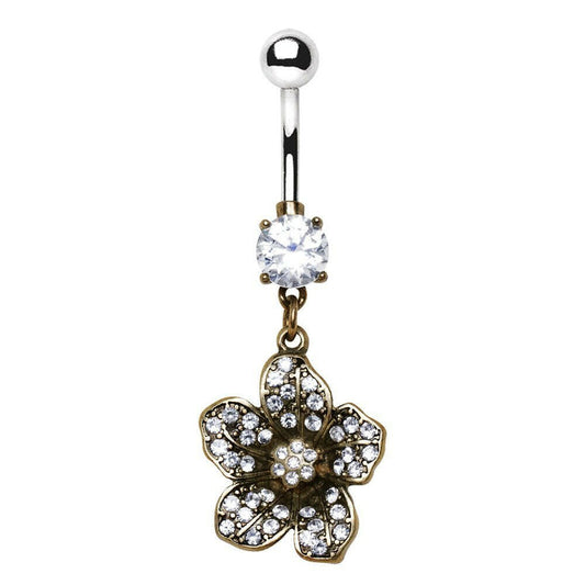 Stainless Steel Antique Gold Plated Flower Dangle Navel Ring Navel Ring Impulse Piercings