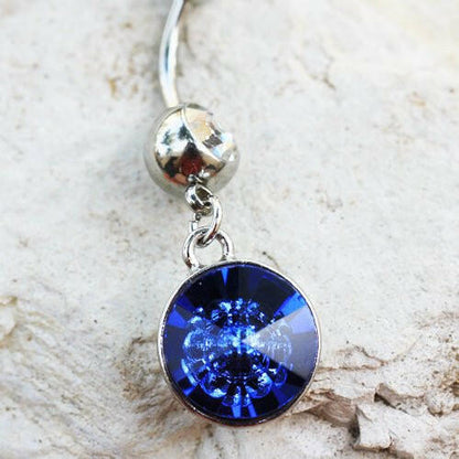 Stainless Steel Blue Captured Flower Faceted CZ Dangle Navel Ring Navel Ring Impulse Piercings