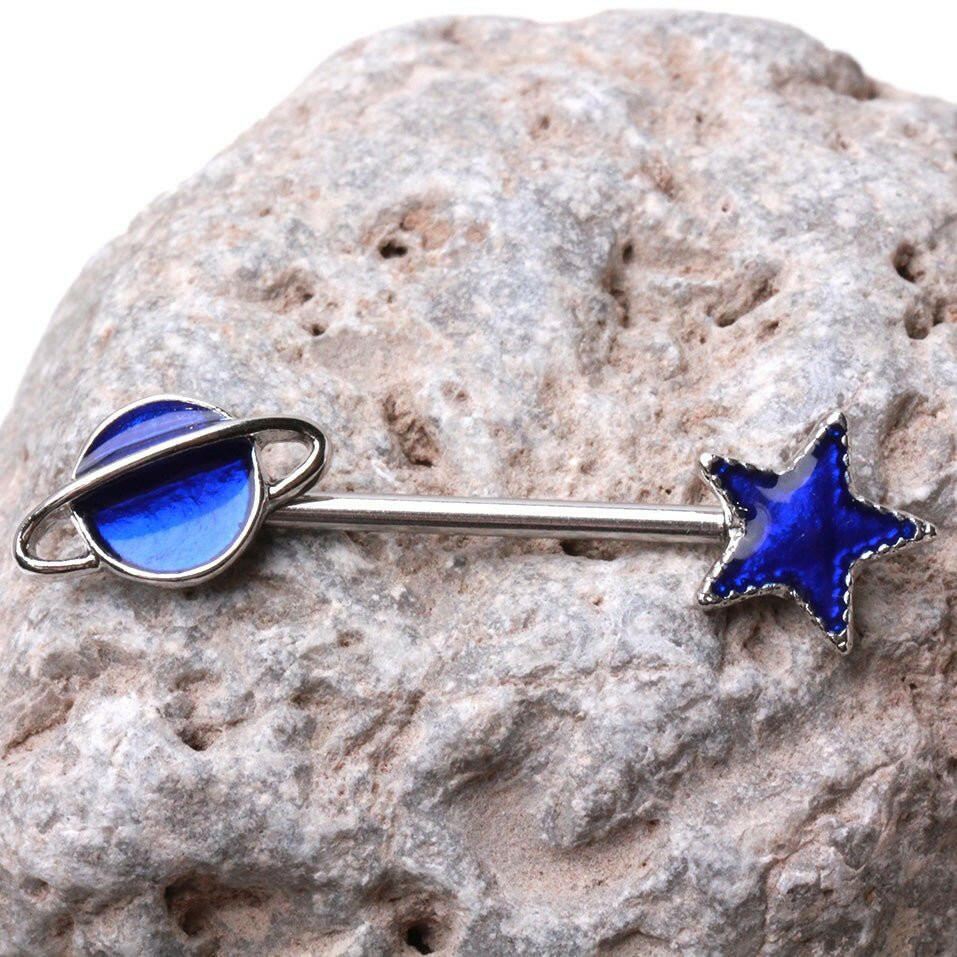 Cosmic Blue Galaxy Nipple Bar in Stainless Steel Nipple Ring Impulse Piercings