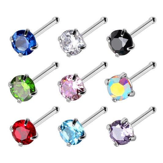 316L Stainless Steel Bone Nose Ring with Prong Set 3mm Gem - Skin Metals