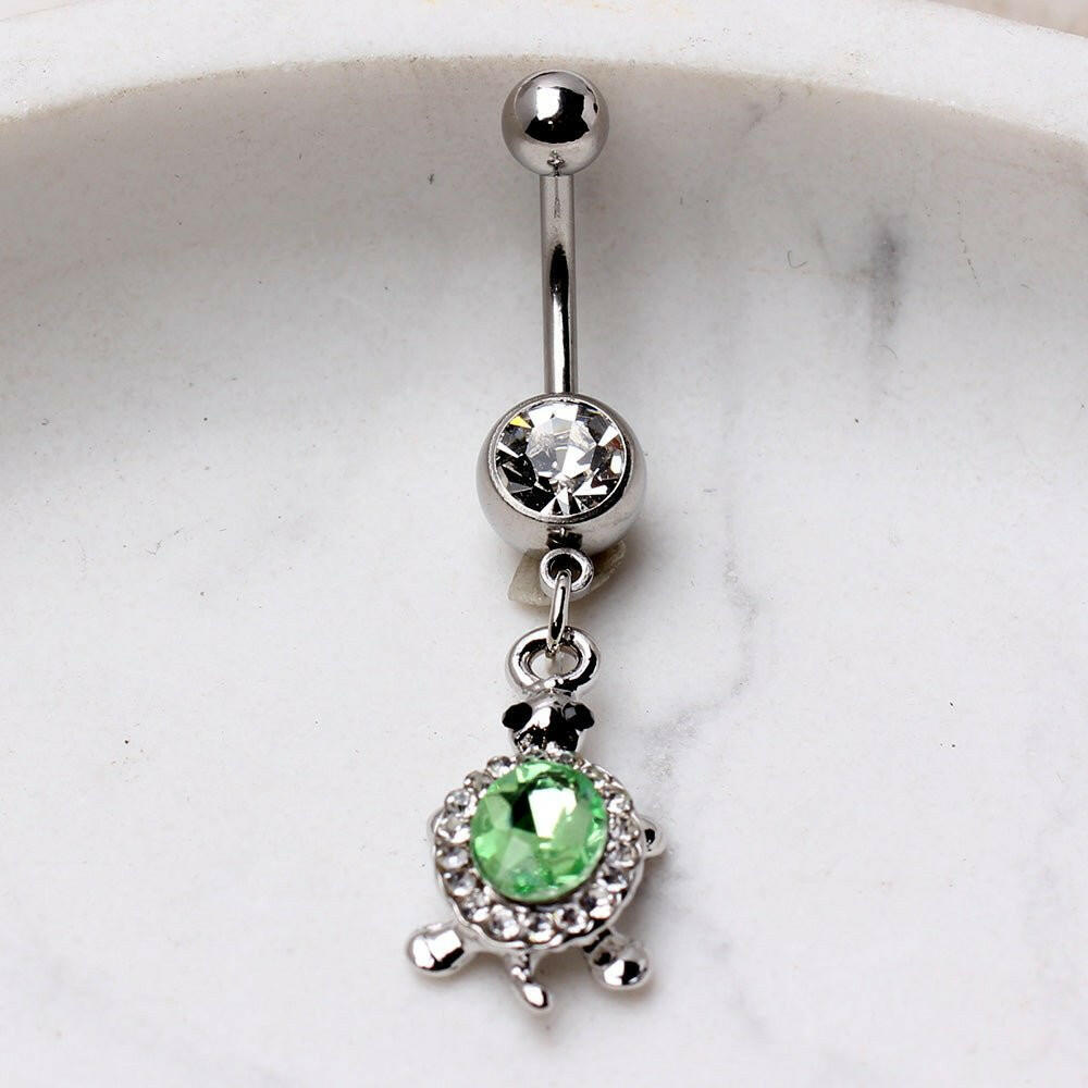 Stainless Steel Dazzling Green Turtle Dangle Navel Ring Navel Ring Impulse Piercings