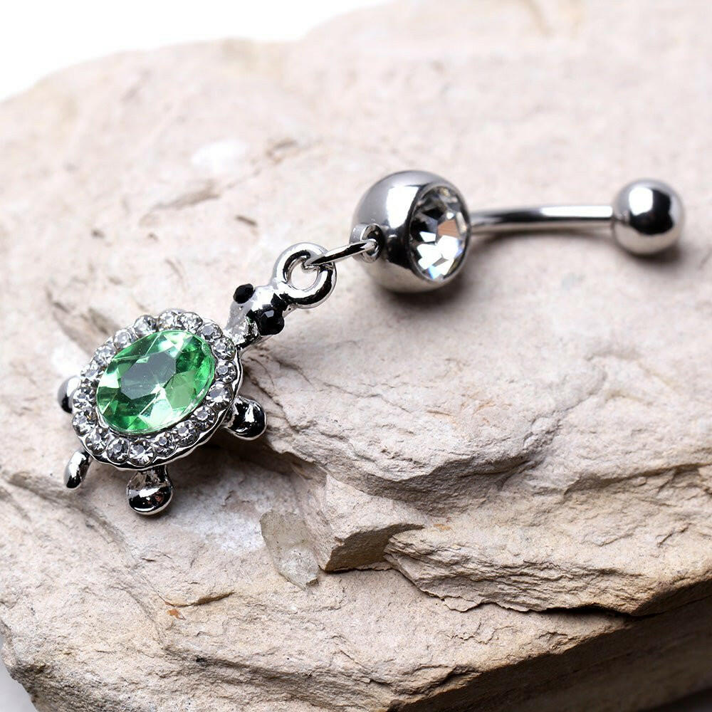 Stainless Steel Dazzling Green Turtle Dangle Navel Ring Navel Ring Impulse Piercings