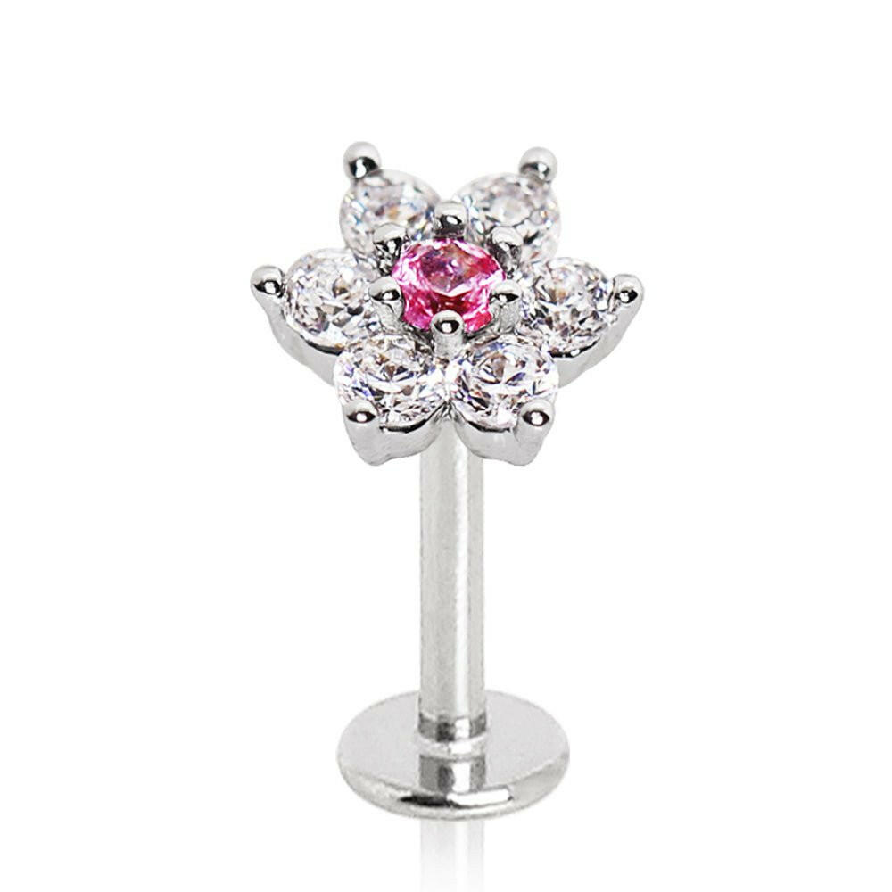 Stainless Steel Dazzling Pink Flower Labret Labret Impulse Piercings