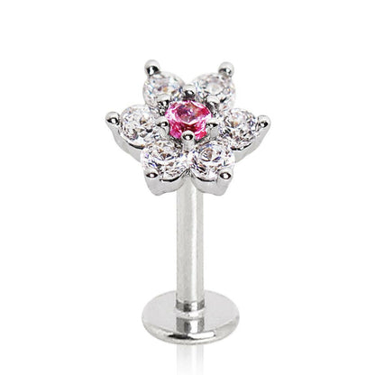 Stainless Steel Dazzling Pink Flower Labret Labret Impulse Piercings