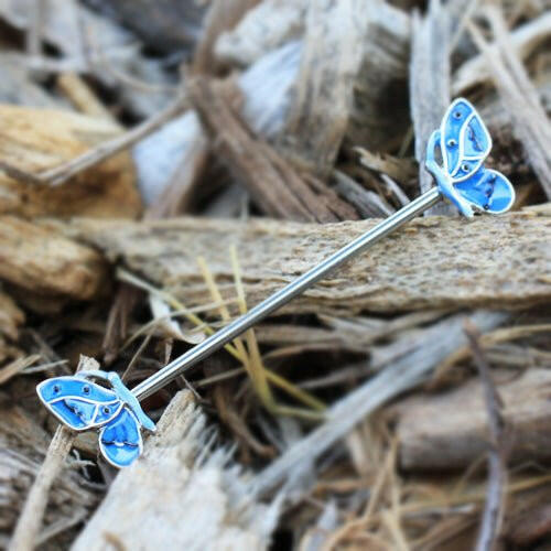 Stainless Steel Double Blue Butterfly Industrial Barbell Industrial Barbell Impulse Piercings