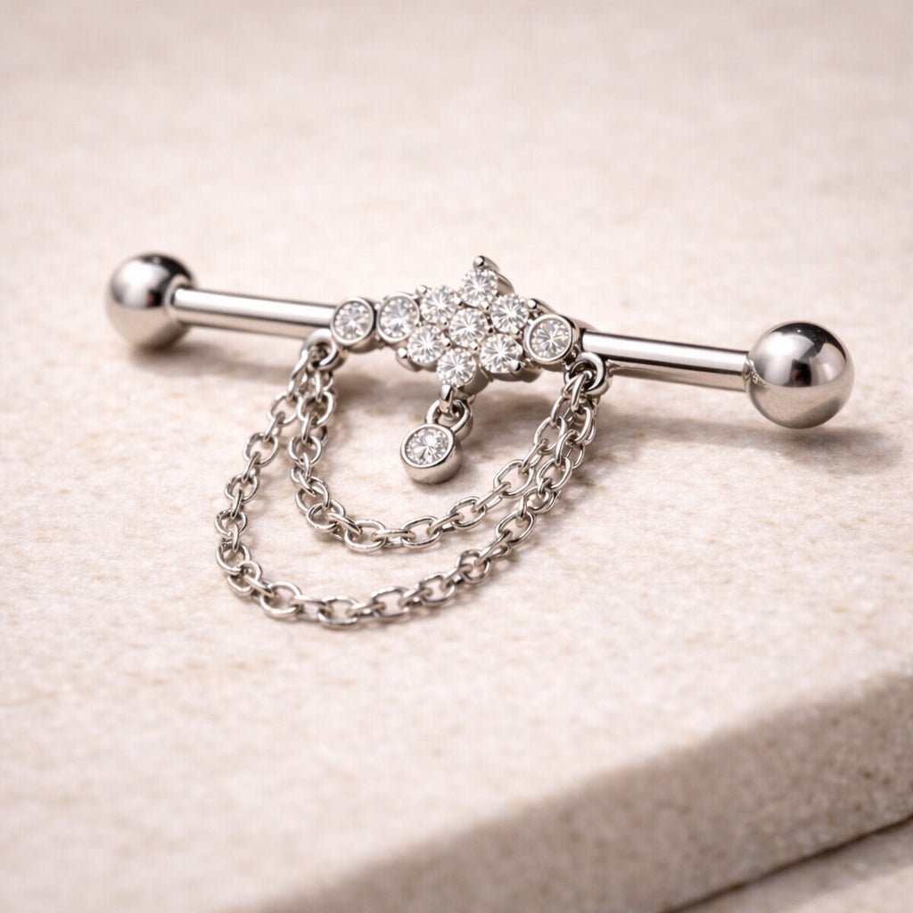 316L Stainless Steel Double Chained Jeweled Tiara Industrial Barbell - Skin Metals
