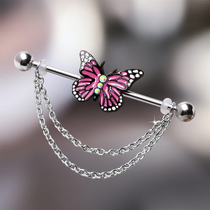 316L Stainless Steel Double Chained Pink Butterfly Industrial Barbell Industrial Barbell Skin Metals