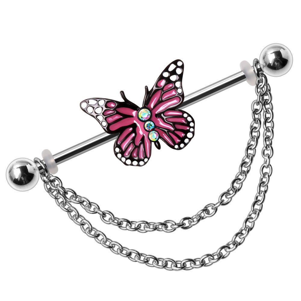 316L Stainless Steel Double Chained Pink Butterfly Industrial Barbell Industrial Barbell Skin Metals