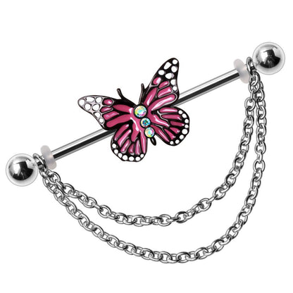 316L Stainless Steel Double Chained Pink Butterfly Industrial Barbell Industrial Barbell Skin Metals