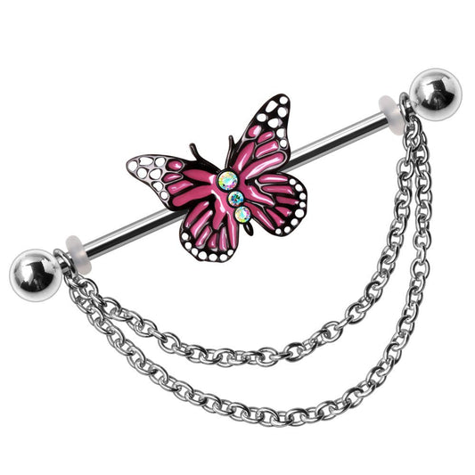 316L Stainless Steel Double Chained Pink Butterfly Industrial Barbell Industrial Barbell Skin Metals