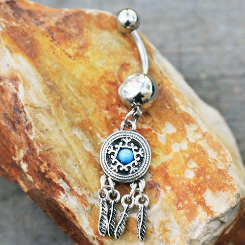 Stainless Steel Feather Dream Catcher Dangle Belly Button Navel Ring Navel Ring Impulse Piercings