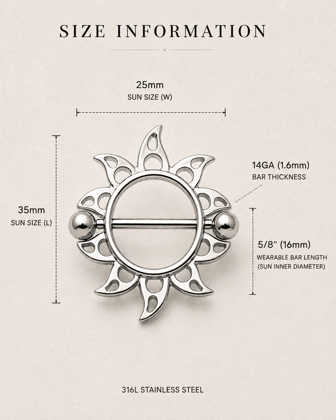 316L Stainless Steel Flaming Sun Nipple Shield