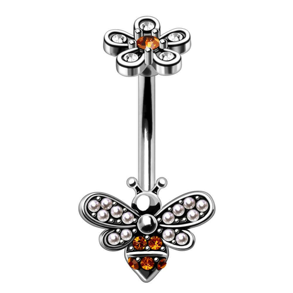 Stainless Steel Flower and Bee Navel Ring Navel Ring Impulse Piercings