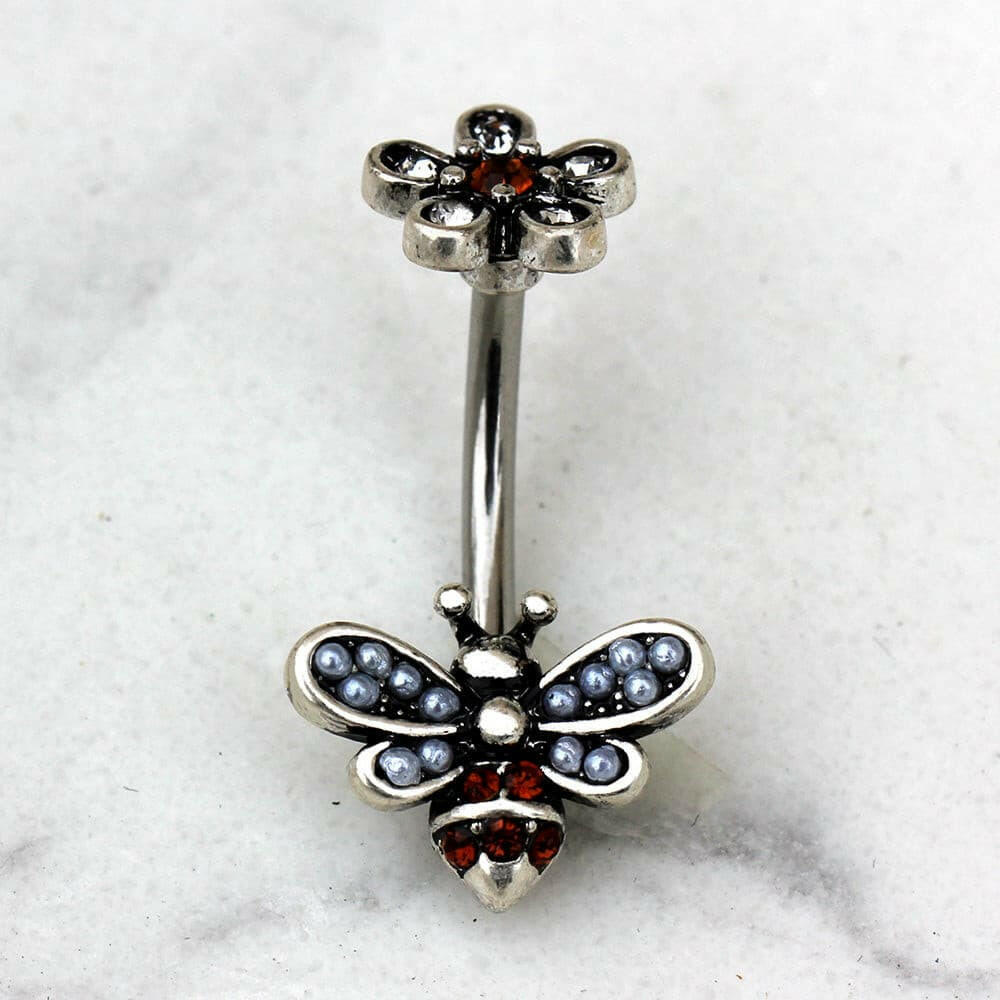 Stainless Steel Flower and Bee Navel Ring Navel Ring Impulse Piercings