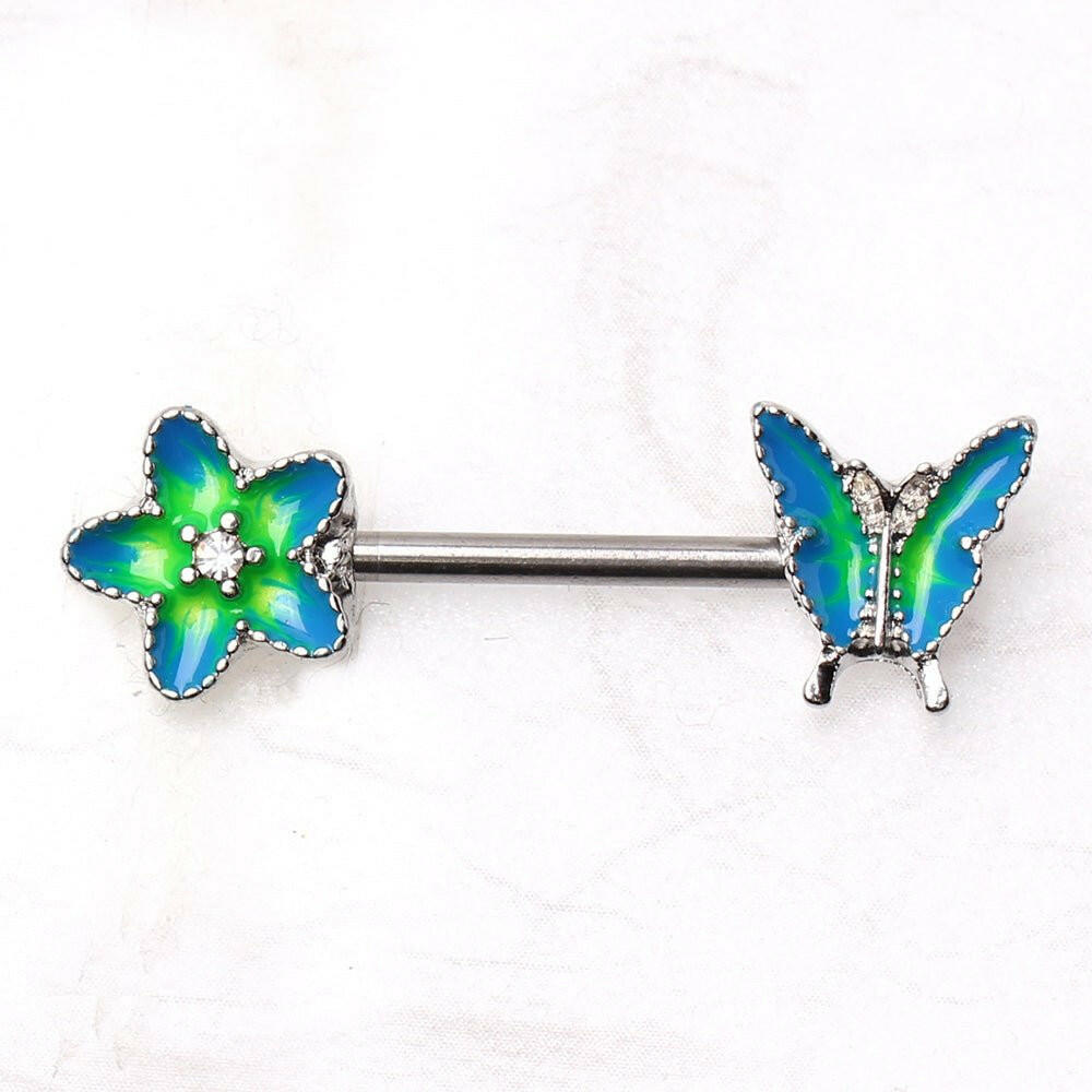 Stainless Steel Flower and Butterfly Nipple Bar Nipple Ring Impulse Piercings