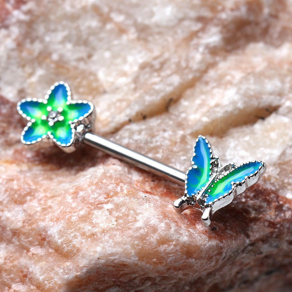 Stainless Steel Flower and Butterfly Nipple Bar Nipple Ring Impulse Piercings