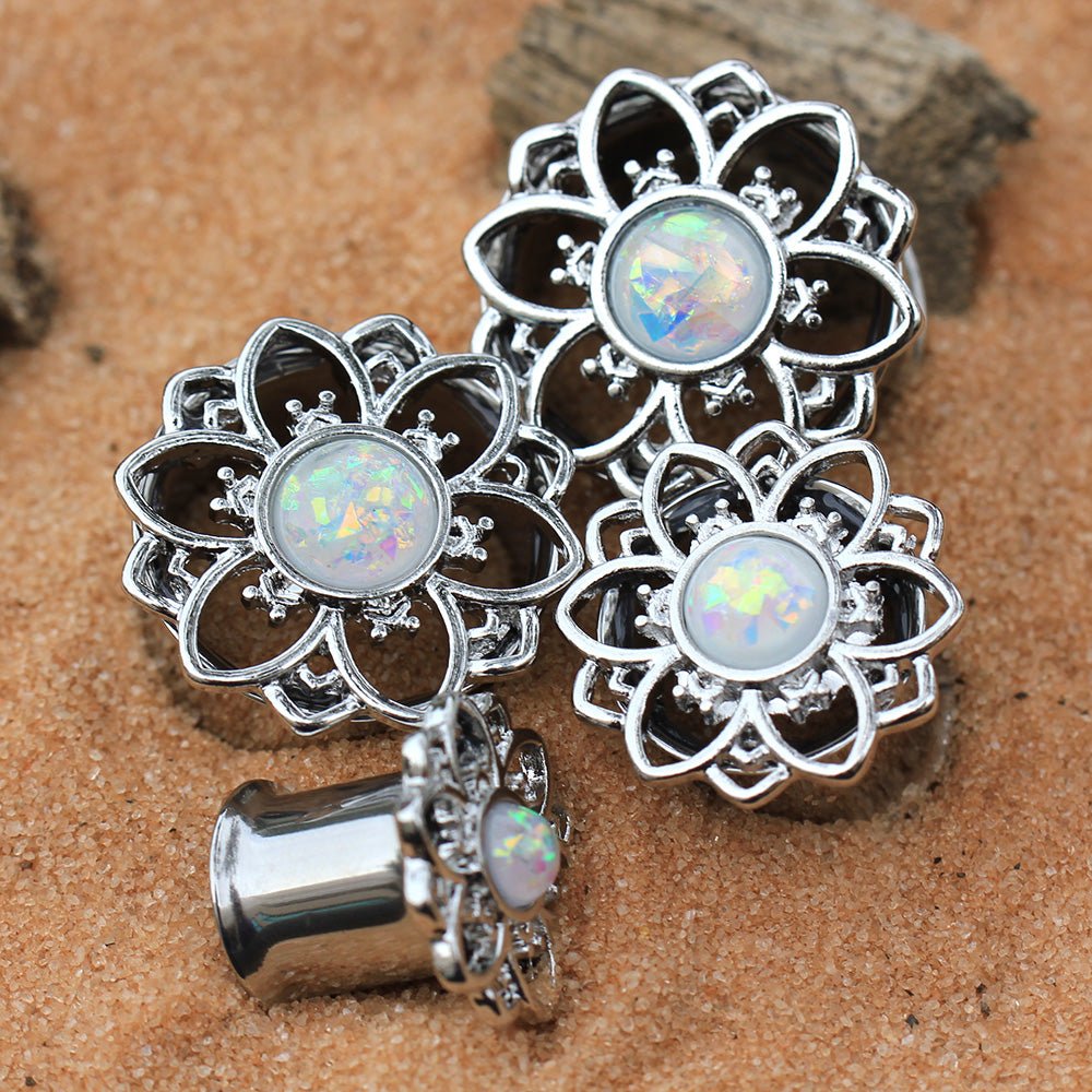 316L Stainless Steel Flower Tunnel Plug with White Opal — Sold as Pair