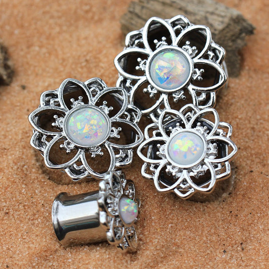 316L Stainless Steel Flower Tunnel Plug with White Opal — Sold as Pair