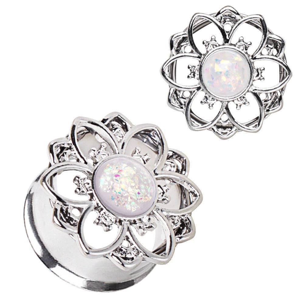 316L Stainless Steel Flower Tunnel Plug with White Opal — Sold as Pair