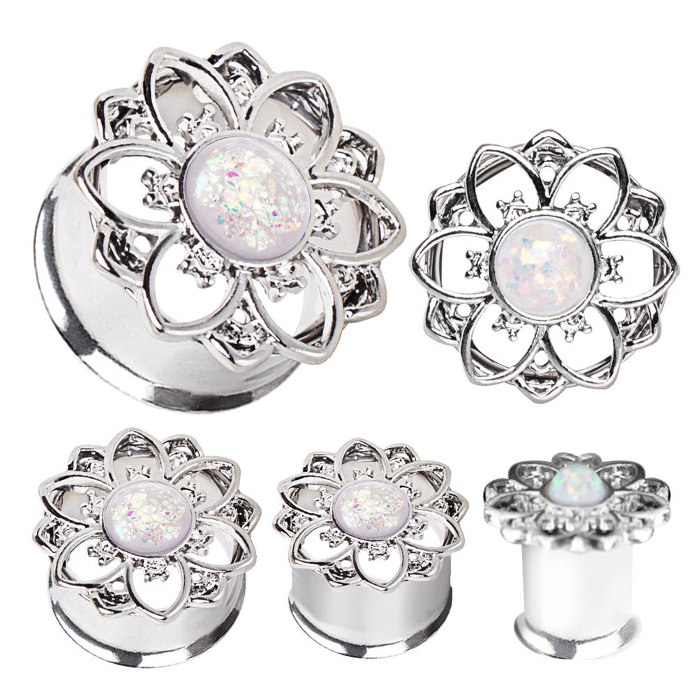 316L Stainless Steel Flower Tunnel Plug with White Opal — Sold as Pair