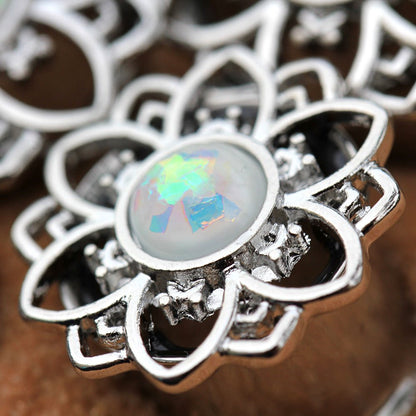 316L Stainless Steel Flower Tunnel Plug with White Opal — Sold as Pair