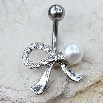 Stainless Steel Gem and Pearl Ribbon Navel Ring Navel Ring Impulse Piercings