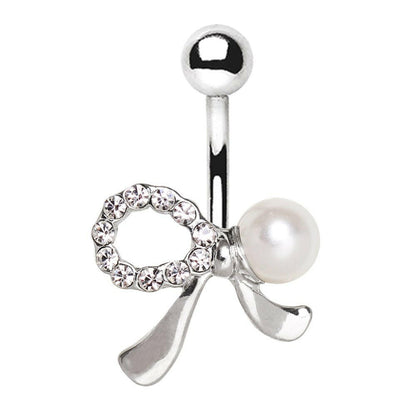 Stainless Steel Gem and Pearl Ribbon Navel Ring Navel Ring Impulse Piercings