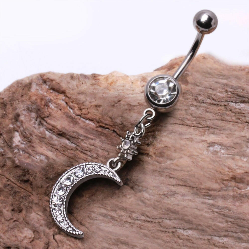 Stainless Steel Glittering Moon & Star Dangle Navel Ring Navel Ring Impulse Piercings