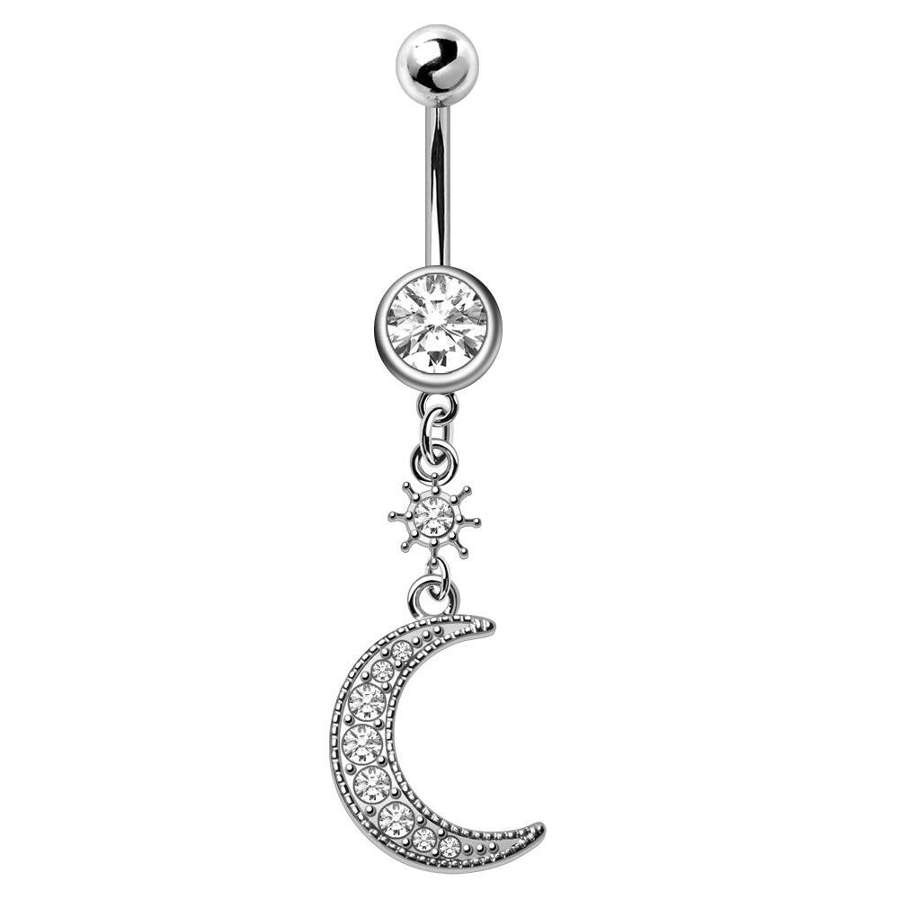 Stainless Steel Glittering Moon & Star Dangle Navel Ring Navel Ring Impulse Piercings