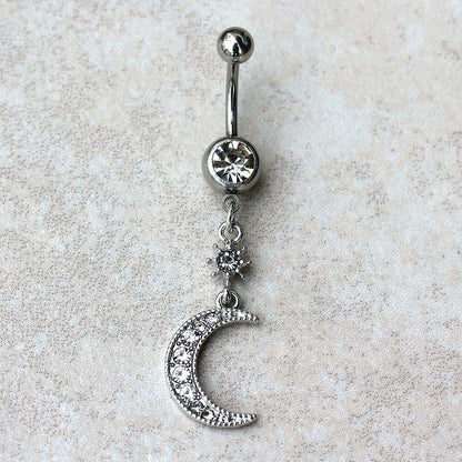 Stainless Steel Glittering Moon & Star Dangle Navel Ring Navel Ring Impulse Piercings