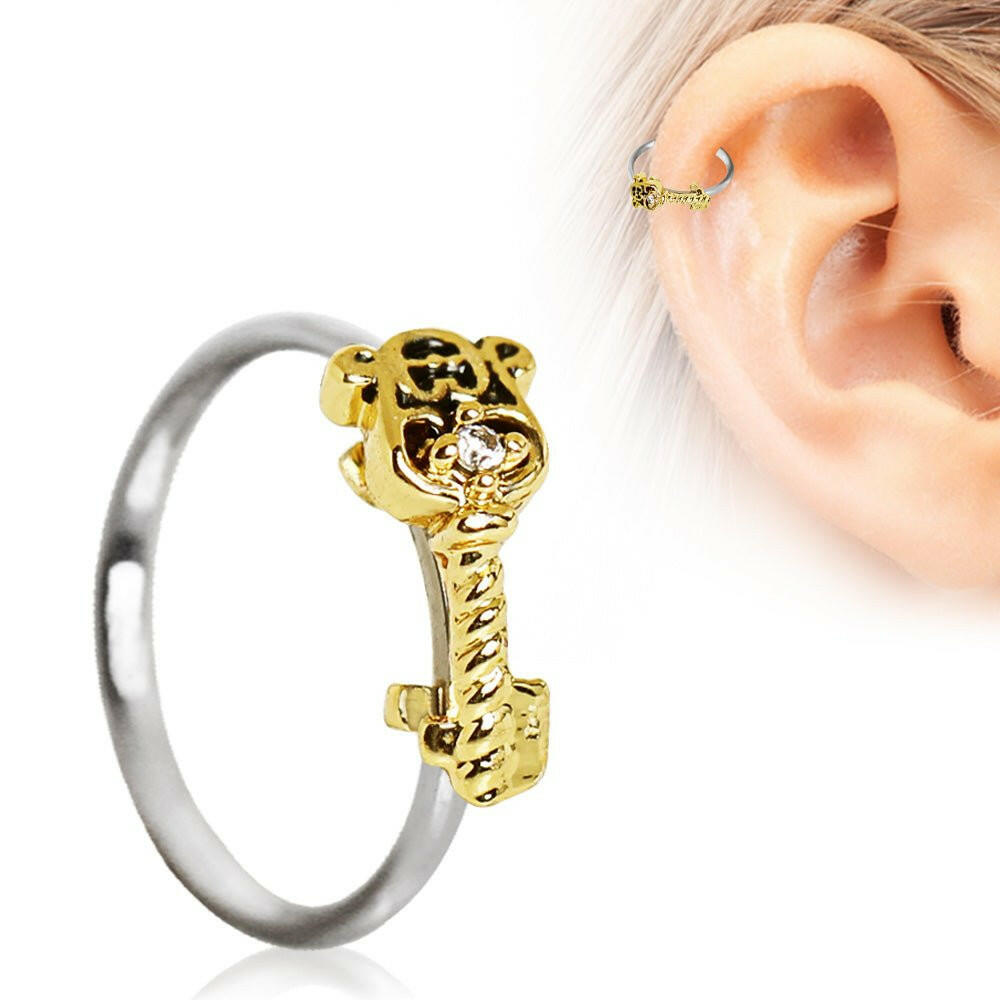 Stainless Steel Golden Key Seamless Circular Ring / Cartilage Earring Captive Bead Impulse Piercings