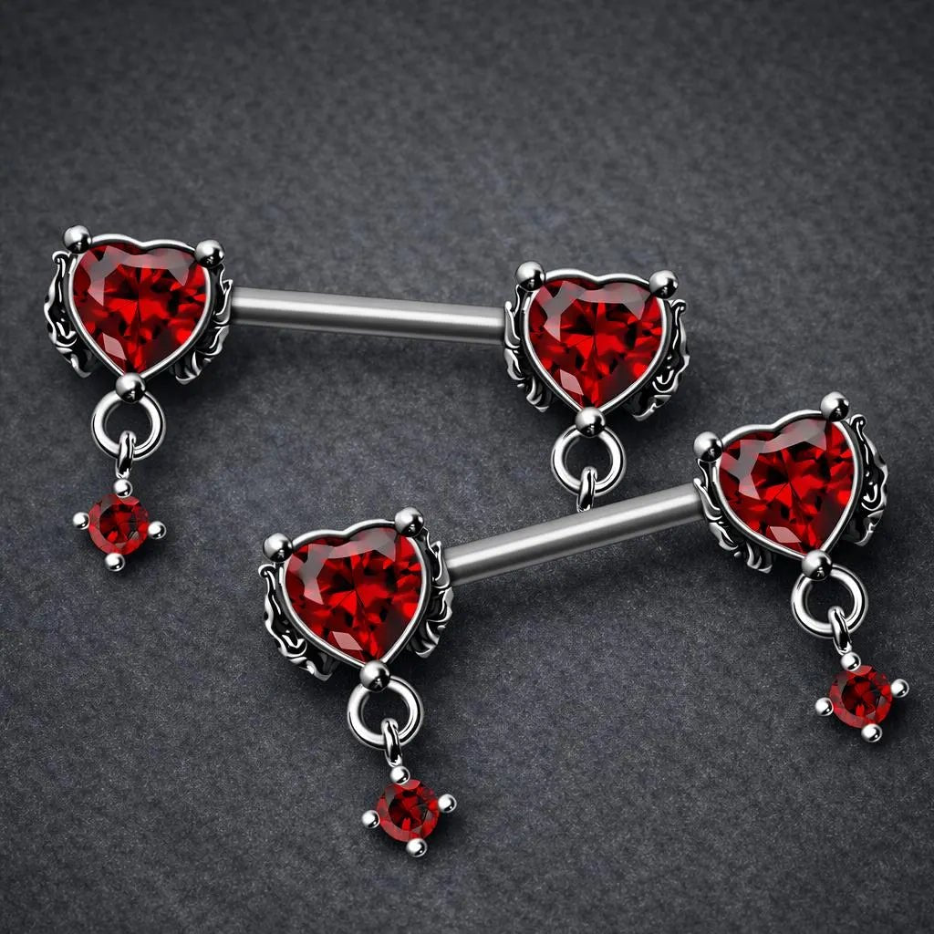316L Stainless Steel Gothic Red Heart Nipple Bar - Skin Metals