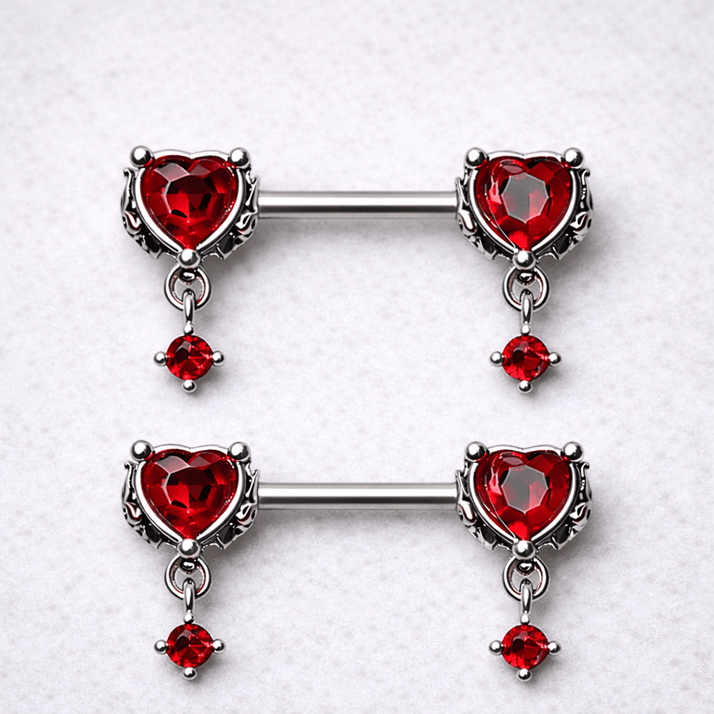 316L Stainless Steel Gothic Red Heart Nipple Bar - Skin Metals