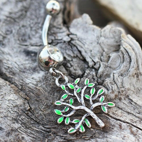 Stainless Steel Green Tree of Life Dangle Navel Ring Navel Ring Impulse Piercings