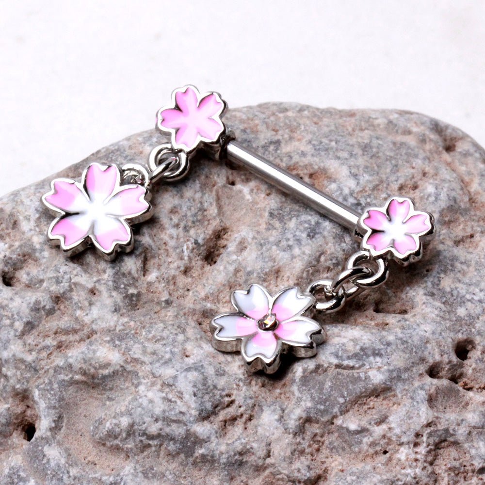 316L Stainless Steel Hanging Pink Flower Nipple Bar — Sold as Pair
