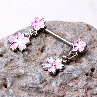 316L Stainless Steel Hanging Pink Flower Nipple Bar — Sold as Pair