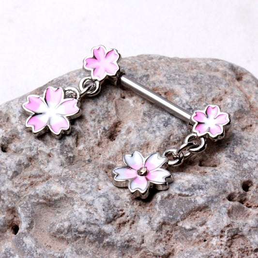 316L Stainless Steel Hanging Pink Flower Nipple Bar — Sold as Pair
