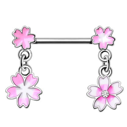 316L Stainless Steel Hanging Pink Flower Nipple Bar — Sold as Pair