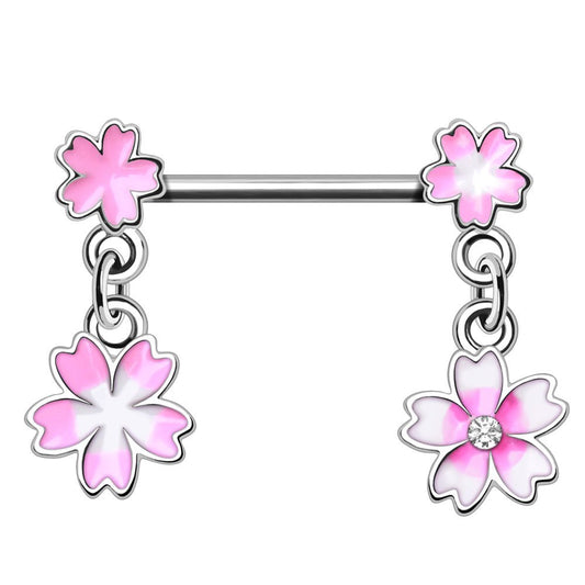 316L Stainless Steel Hanging Pink Flower Nipple Bar — Sold as Pair
