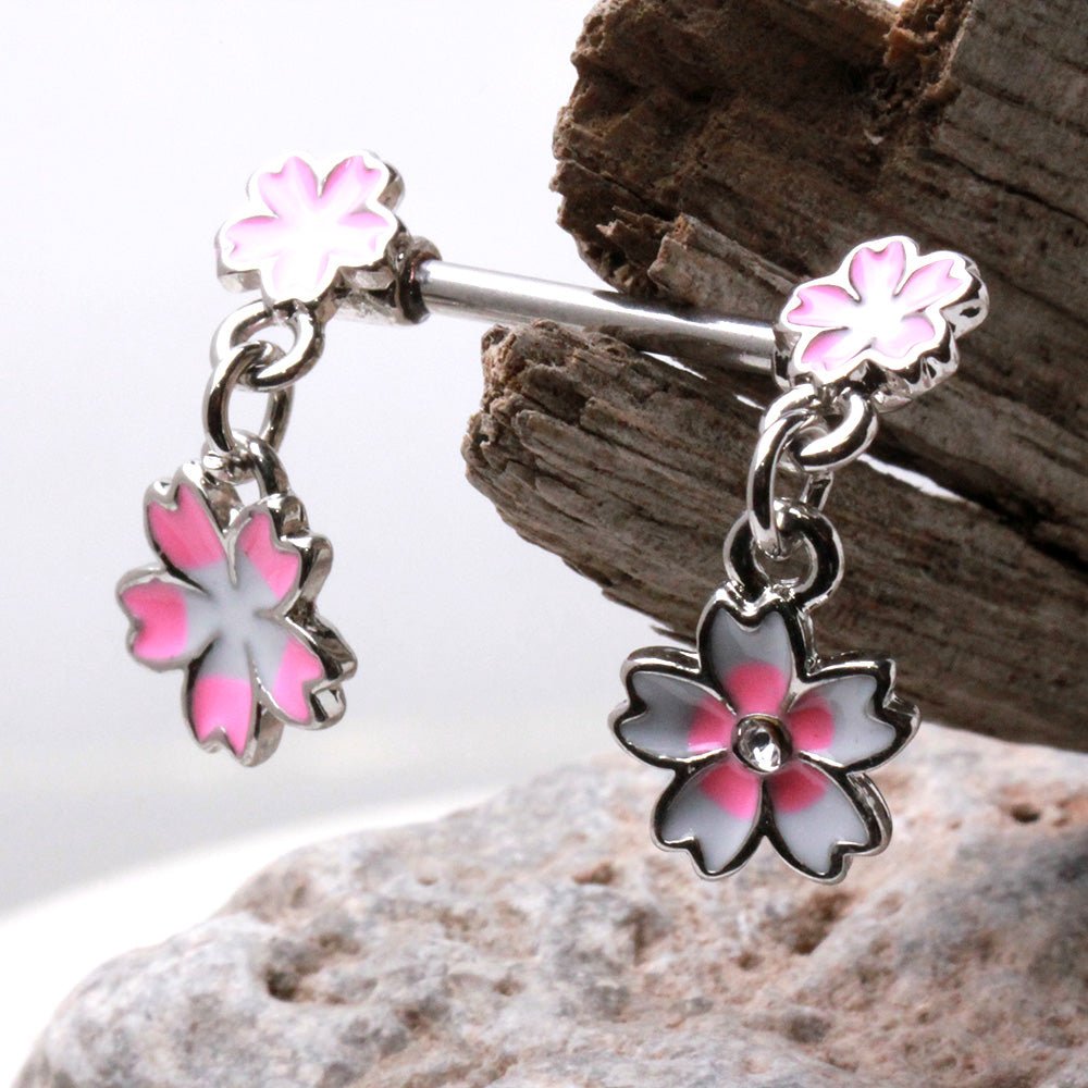 316L Stainless Steel Hanging Pink Flower Nipple Bar — Sold as Pair