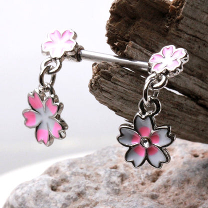 316L Stainless Steel Hanging Pink Flower Nipple Bar — Sold as Pair