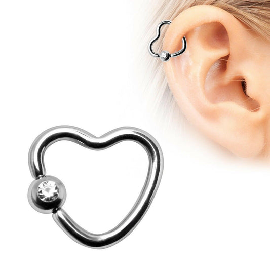 Stainless Steel Heart Captive Bead Ring with Clear CZ Captive Bead Impulse Piercings 5/16"