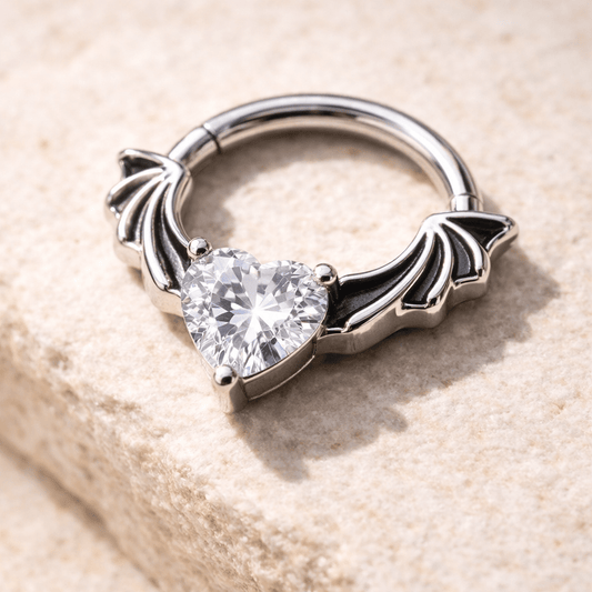 316L Stainless Steel Heart CZ Bat Clicker Ring Septum Ring Skin Metals