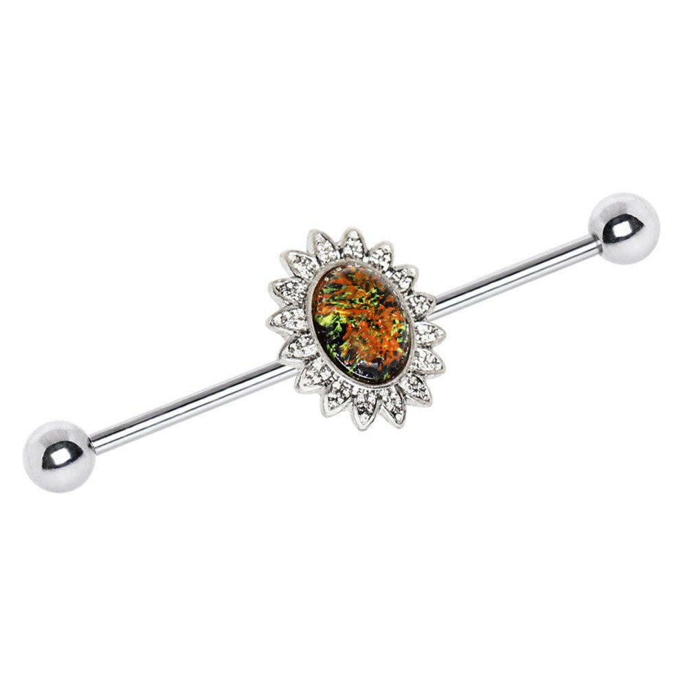 Stainless Steel Industrial Barbell with Glass Stone Flower Industrial Barbell Impulse Piercings