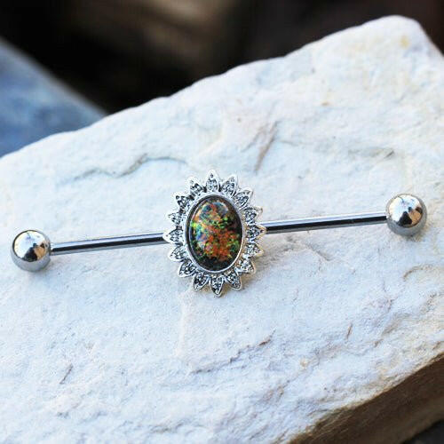 Stainless Steel Industrial Barbell with Glass Stone Flower Industrial Barbell Impulse Piercings